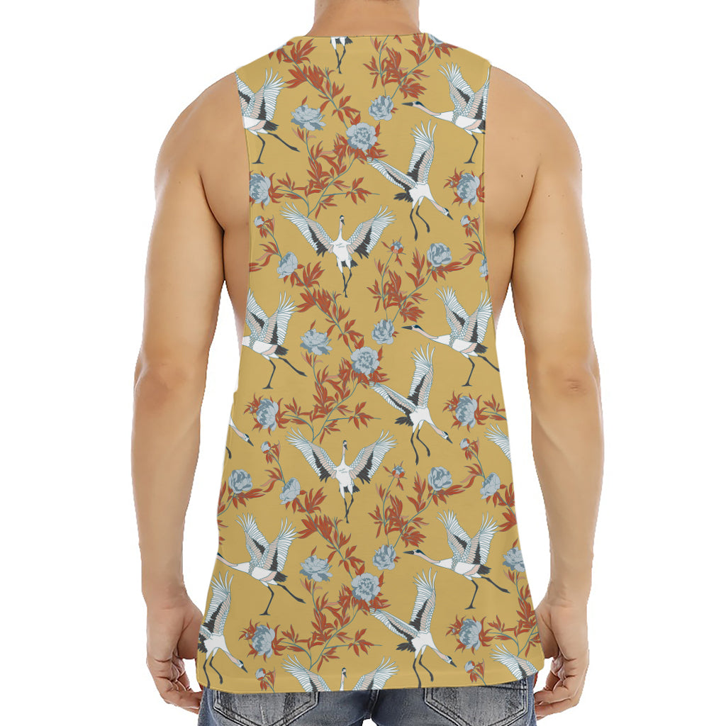 White Japanese Cranes Pattern Print Men's Muscle Tank Top