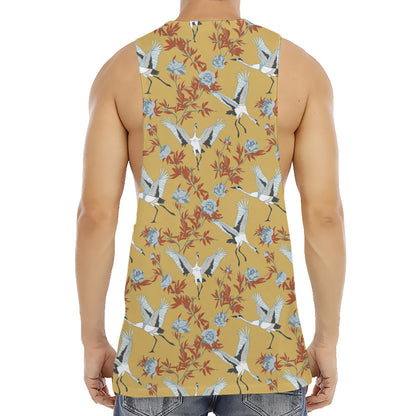 White Japanese Cranes Pattern Print Men's Muscle Tank Top