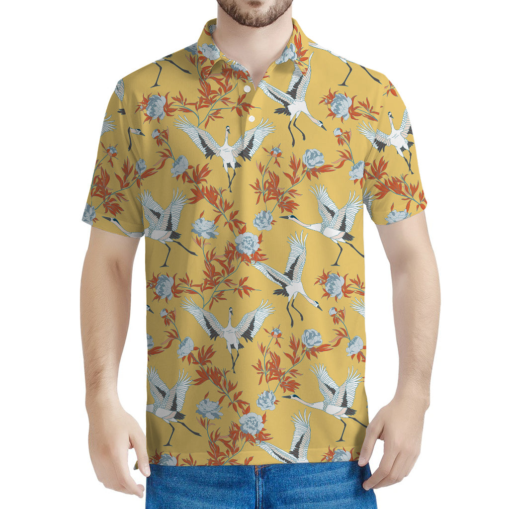 White Japanese Cranes Pattern Print Men's Polo Shirt