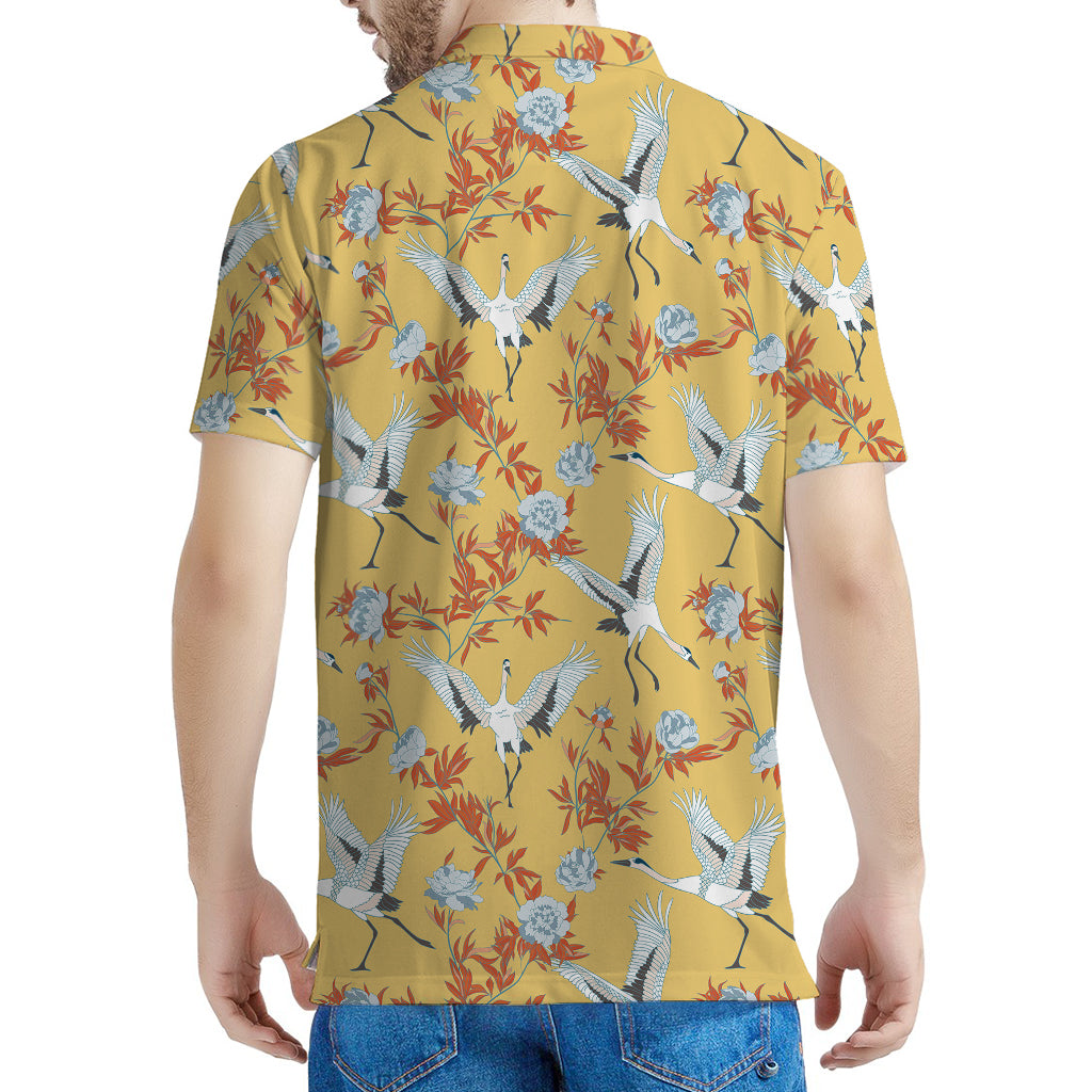 White Japanese Cranes Pattern Print Men's Polo Shirt