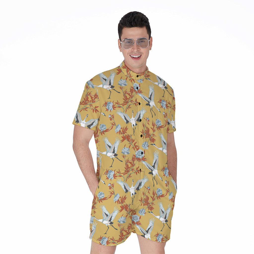 White Japanese Cranes Pattern Print Men's Rompers
