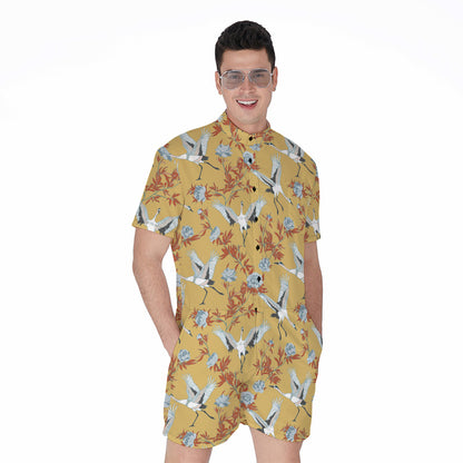 White Japanese Cranes Pattern Print Men's Rompers