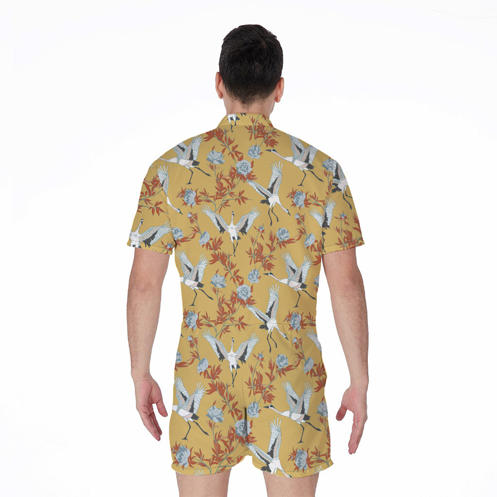 White Japanese Cranes Pattern Print Men's Rompers