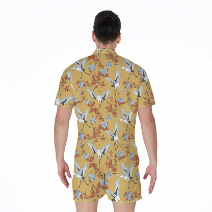 White Japanese Cranes Pattern Print Men's Rompers