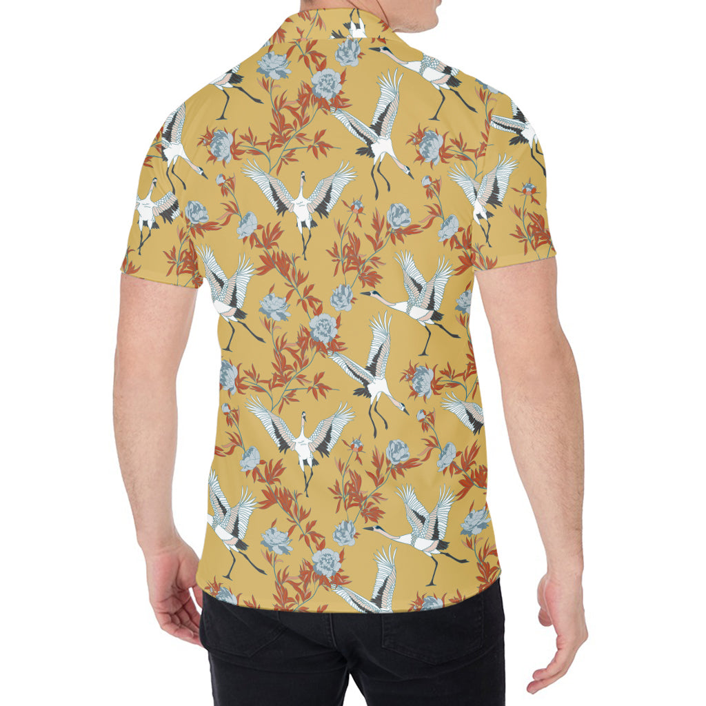 White Japanese Cranes Pattern Print Men's Shirt