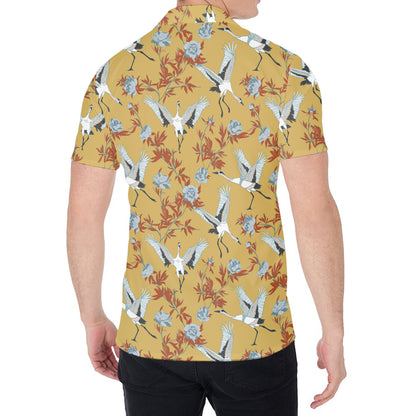 White Japanese Cranes Pattern Print Men's Shirt