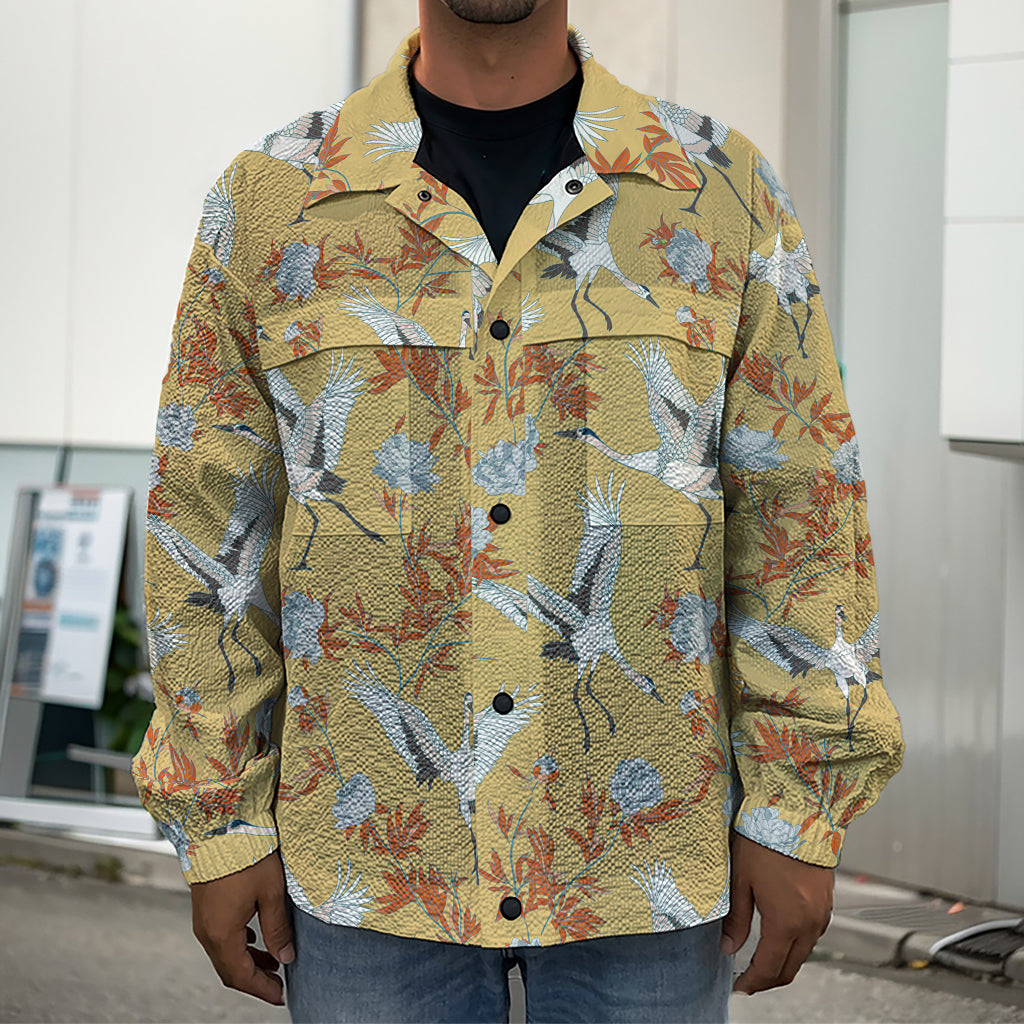 White Japanese Cranes Pattern Print Men's Shirt Jacket