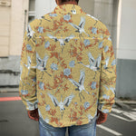 White Japanese Cranes Pattern Print Men's Shirt Jacket