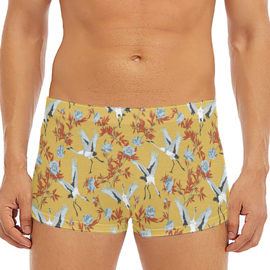 White Japanese Cranes Pattern Print Men's Short Boxer Briefs