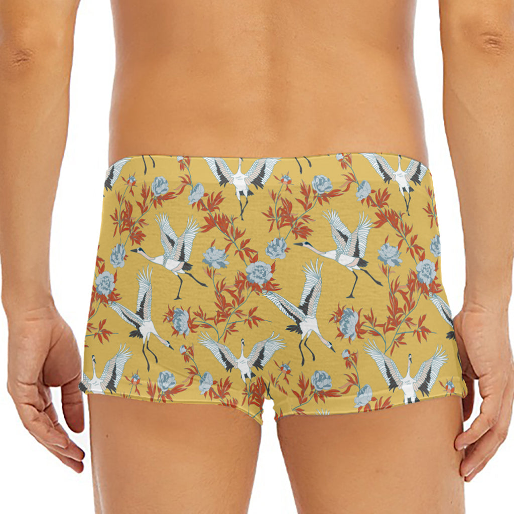 White Japanese Cranes Pattern Print Men's Short Boxer Briefs