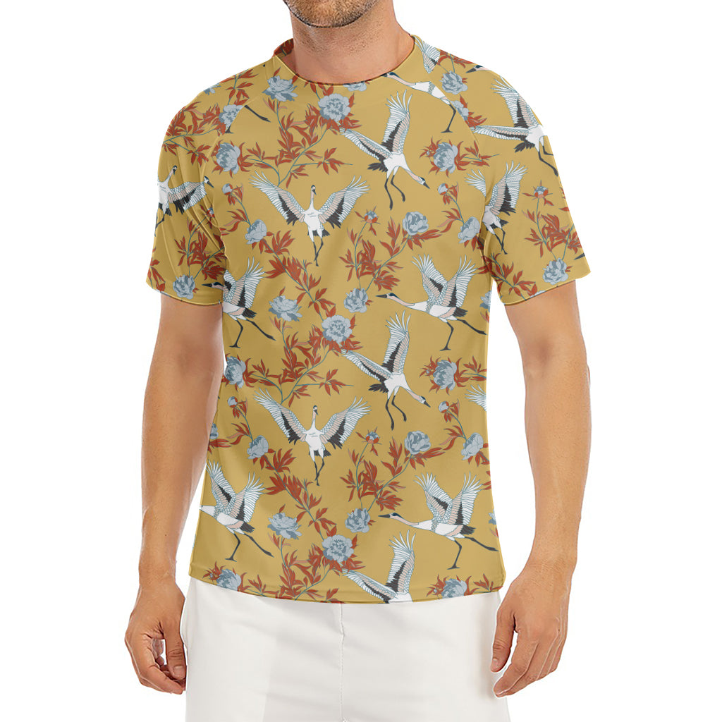 White Japanese Cranes Pattern Print Men's Short Sleeve Rash Guard