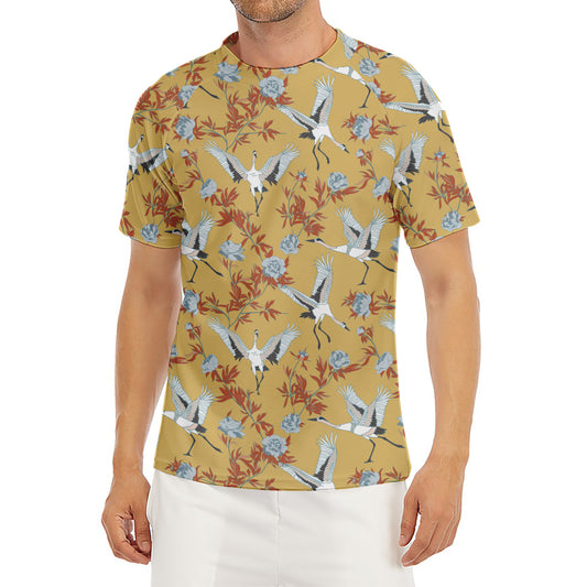 White Japanese Cranes Pattern Print Men's Short Sleeve Rash Guard