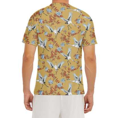 White Japanese Cranes Pattern Print Men's Short Sleeve Rash Guard