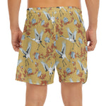 White Japanese Cranes Pattern Print Men's Split Running Shorts