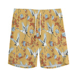 White Japanese Cranes Pattern Print Men's Sports Shorts