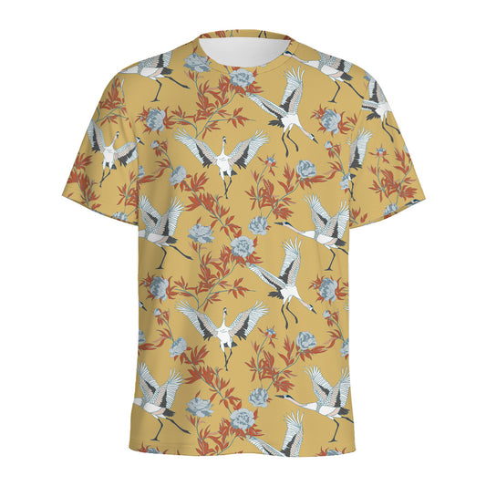 White Japanese Cranes Pattern Print Men's Sports T-Shirt