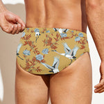 White Japanese Cranes Pattern Print Men's Swim Briefs
