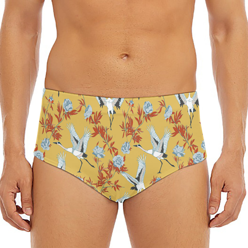 White Japanese Cranes Pattern Print Men's Triangle Swim Briefs
