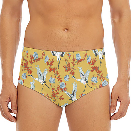 White Japanese Cranes Pattern Print Men's Triangle Swim Briefs
