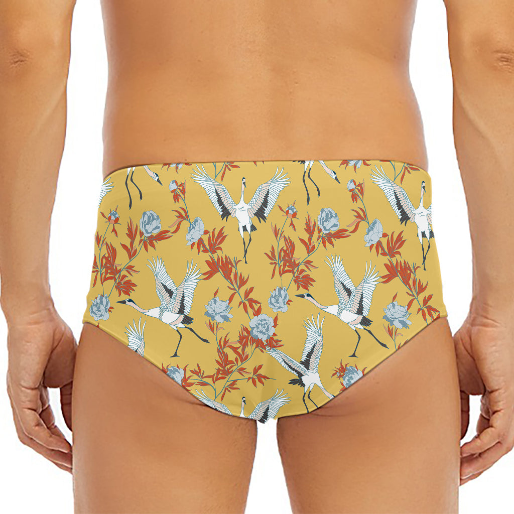 White Japanese Cranes Pattern Print Men's Triangle Swim Briefs