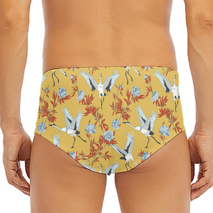 White Japanese Cranes Pattern Print Men's Triangle Swim Briefs