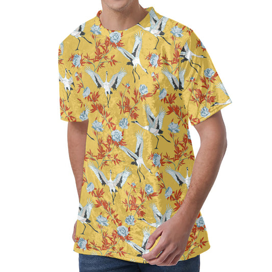White Japanese Cranes Pattern Print Men's Velvet T-Shirt