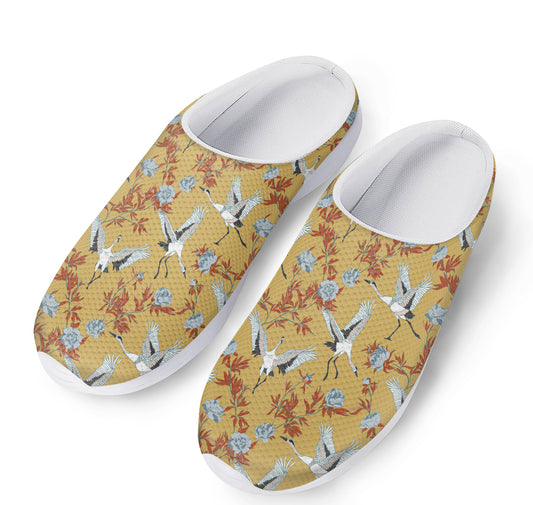 White Japanese Cranes Pattern Print Mesh Casual Shoes