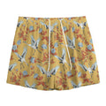 White Japanese Cranes Pattern Print Mesh Shorts