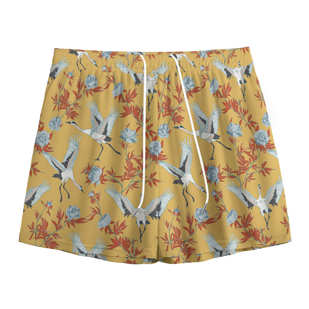 White Japanese Cranes Pattern Print Mesh Shorts