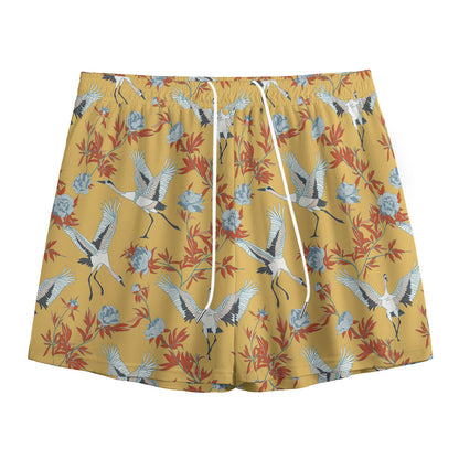 White Japanese Cranes Pattern Print Mesh Shorts