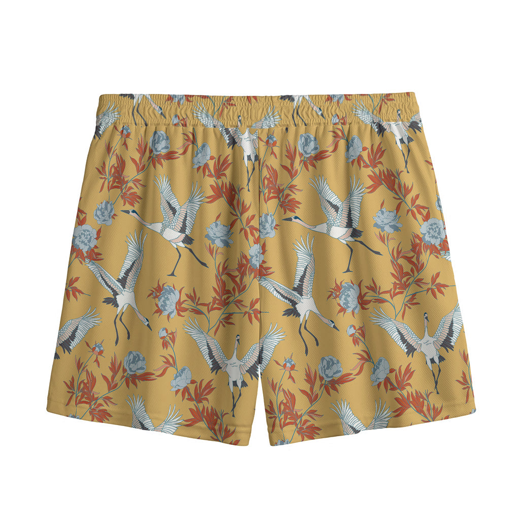 White Japanese Cranes Pattern Print Mesh Shorts