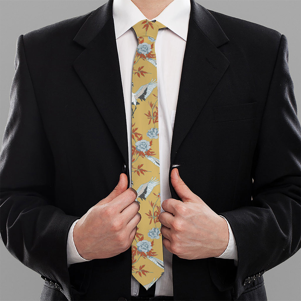 White Japanese Cranes Pattern Print Necktie