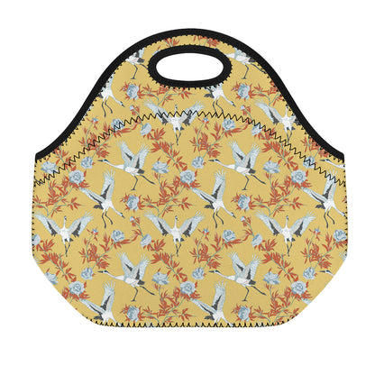 White Japanese Cranes Pattern Print Neoprene Lunch Bag