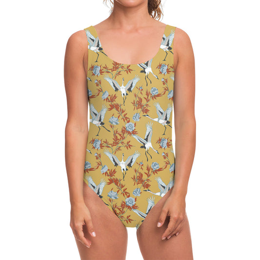 White Japanese Cranes Pattern Print One Piece Swimsuit