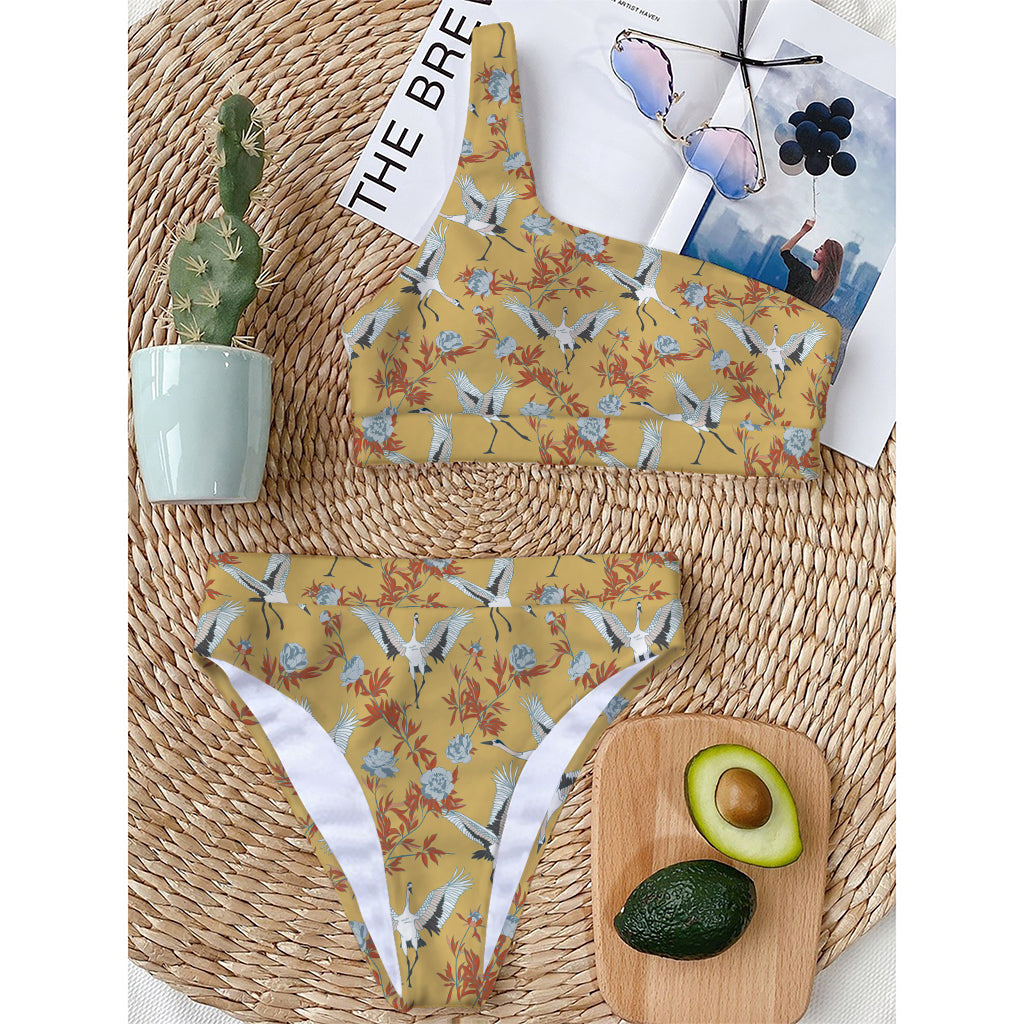 White Japanese Cranes Pattern Print One Shoulder Bikini Top