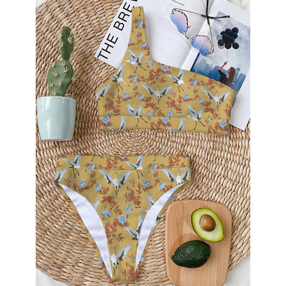 White Japanese Cranes Pattern Print One Shoulder Bikini Top