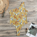 White Japanese Cranes Pattern Print One Shoulder Bodysuit