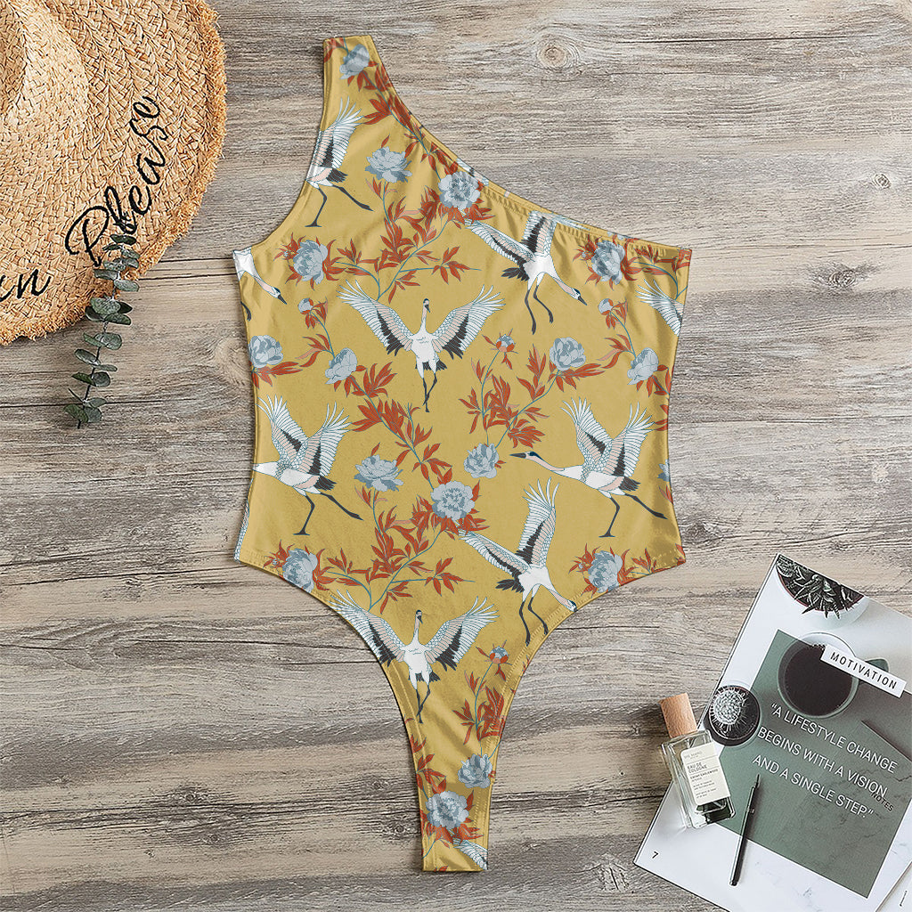 White Japanese Cranes Pattern Print One Shoulder Bodysuit