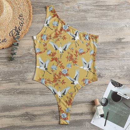 White Japanese Cranes Pattern Print One Shoulder Bodysuit