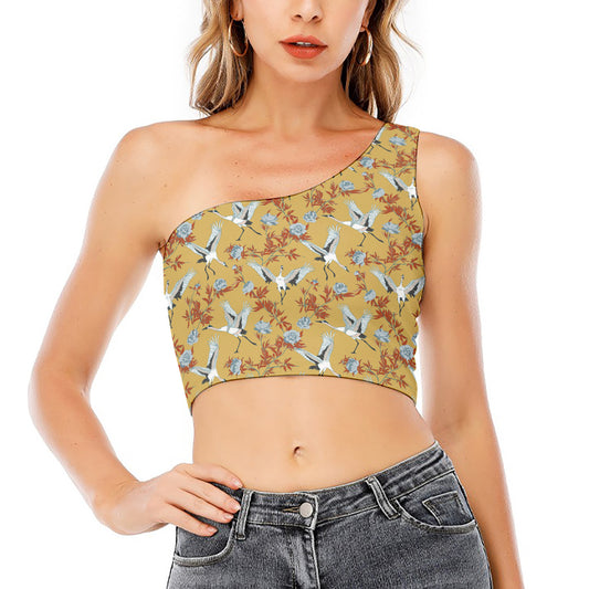 White Japanese Cranes Pattern Print One Shoulder Crop Top