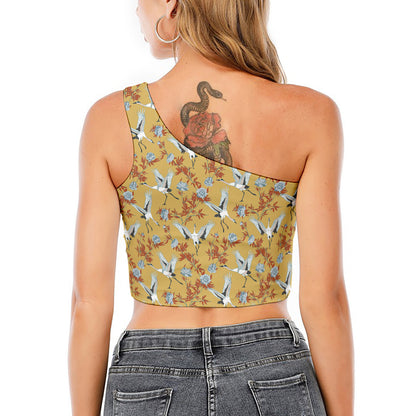 White Japanese Cranes Pattern Print One Shoulder Crop Top
