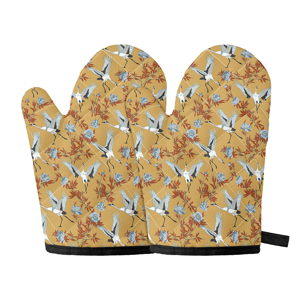 White Japanese Cranes Pattern Print Oven Mitts