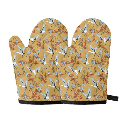 White Japanese Cranes Pattern Print Oven Mitts