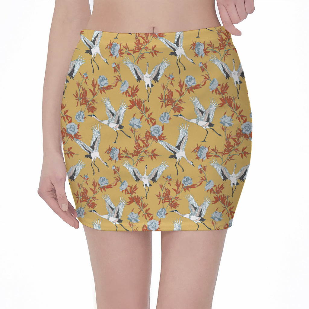 White Japanese Cranes Pattern Print Pencil Mini Skirt