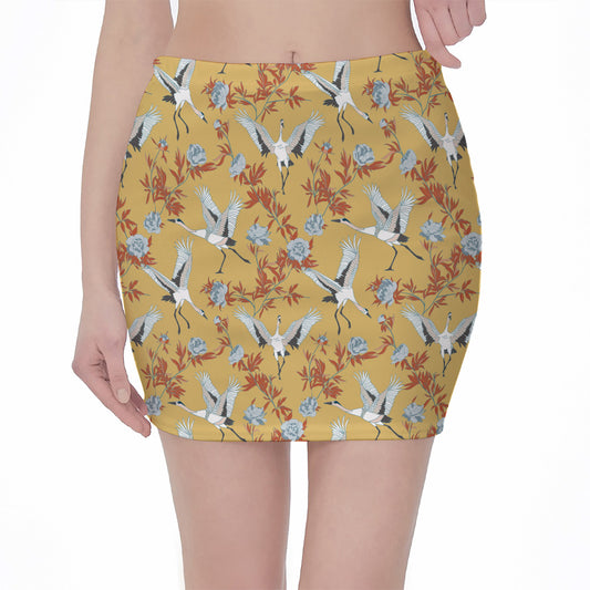 White Japanese Cranes Pattern Print Pencil Mini Skirt