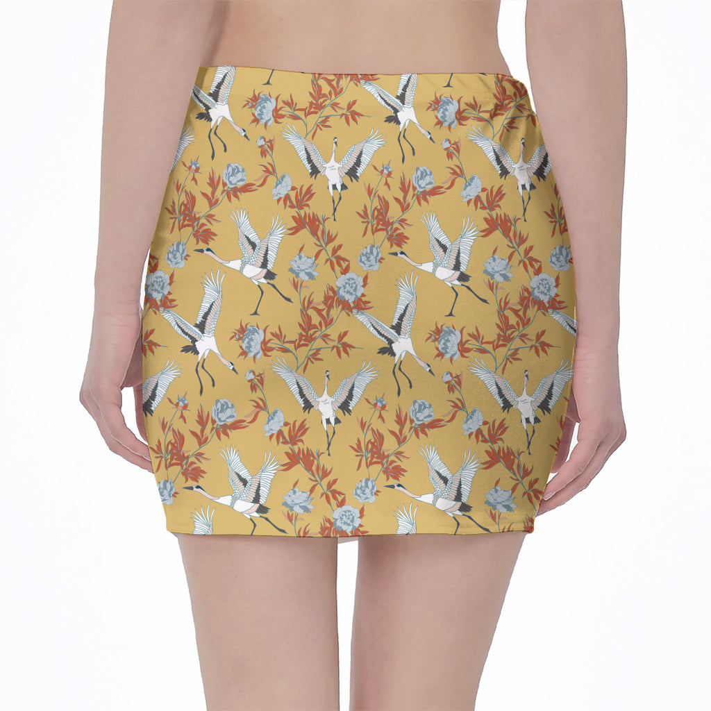 White Japanese Cranes Pattern Print Pencil Mini Skirt