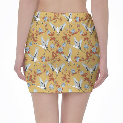 White Japanese Cranes Pattern Print Pencil Mini Skirt