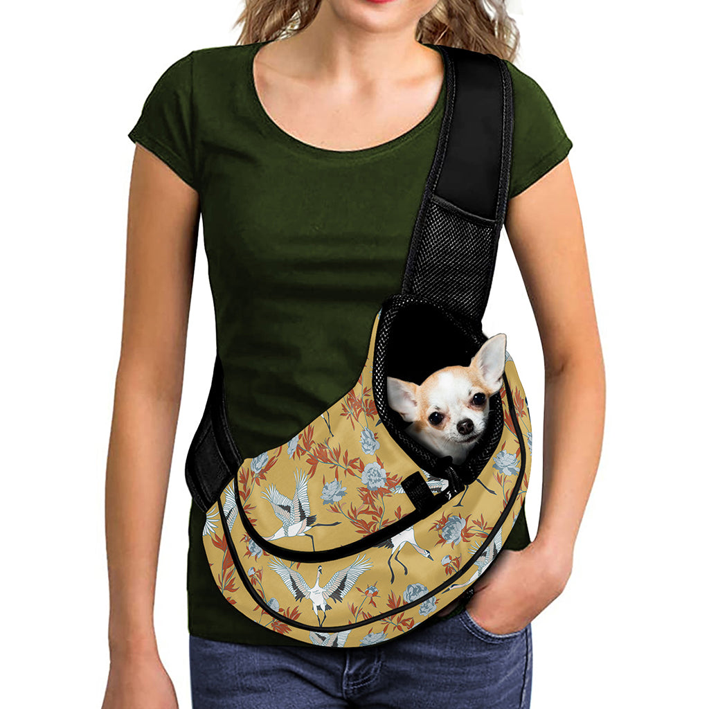 White Japanese Cranes Pattern Print Pet Sling Carrier