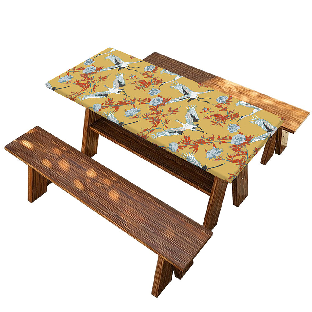 White Japanese Cranes Pattern Print Picnic Table Cover