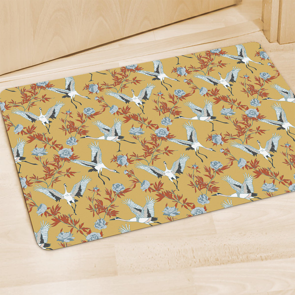 White Japanese Cranes Pattern Print Polyester Doormat